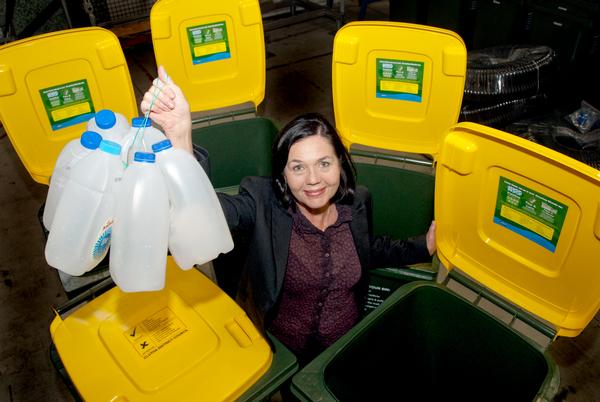 Karen Murray, General Manager of SULO Talbot with the new mobile garbage bins manufactured from recycled waste milk bottles.